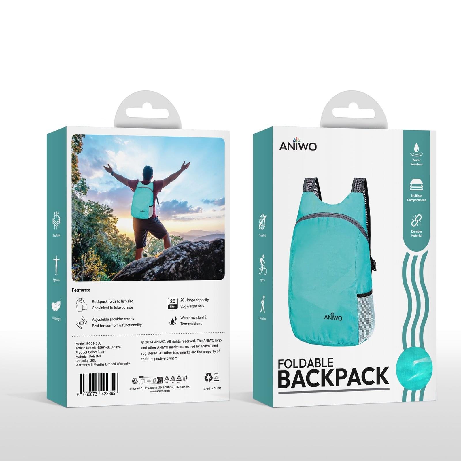 BG01 Foldable Backpack blue front and back